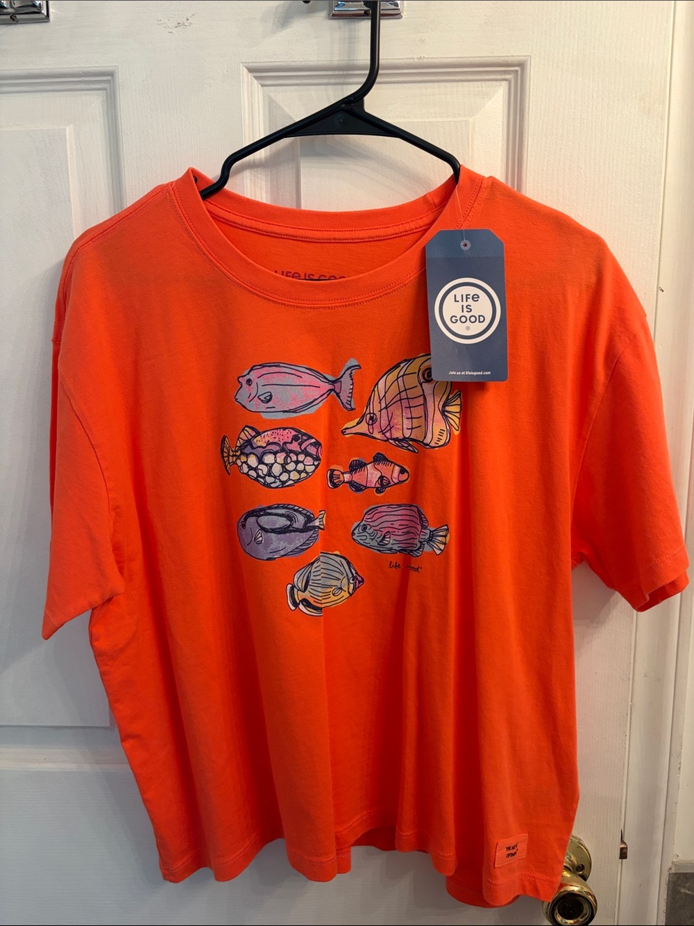 Life Is Good Orange Tee with Colorful Fish Illustration